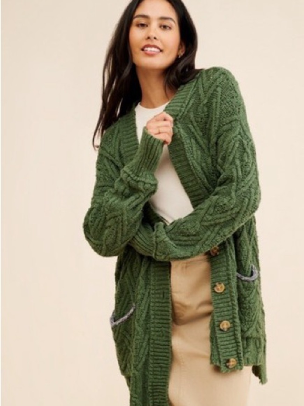 Free People Green Cable Knit Cardigan Sweater